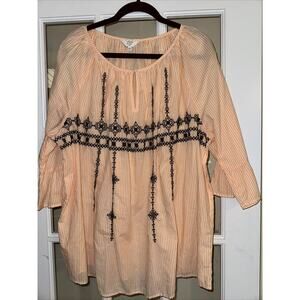 Crown & Ivy Curvy Size 2X White Orange Stripes Embroidered Blouse Bell Sleeves